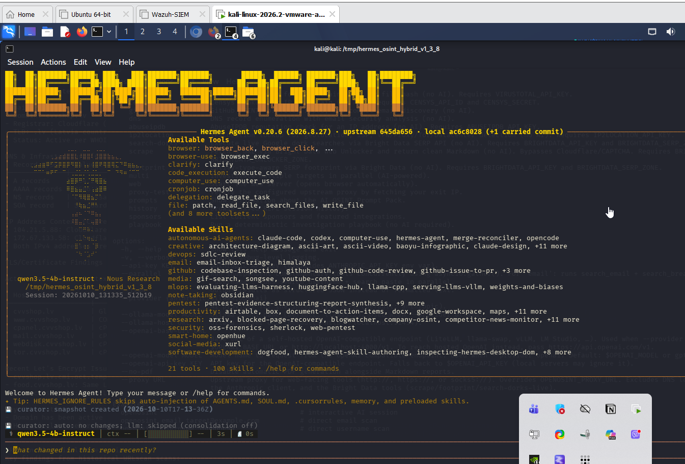 Hermes Agent startup screen and tool overview