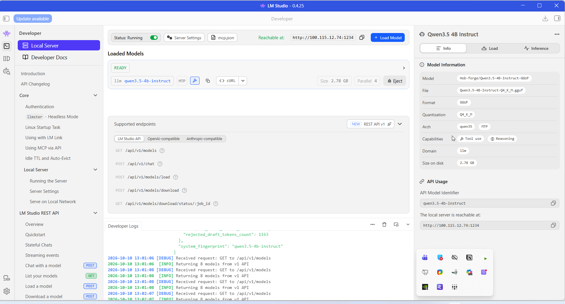 LM Studio local server hosting Qwen 3.5 4B Instruct