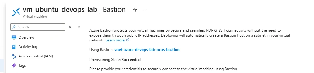 Real Azure portal screenshot showing the vm-ubuntu-devops-lab Bastion page and successful provisioning