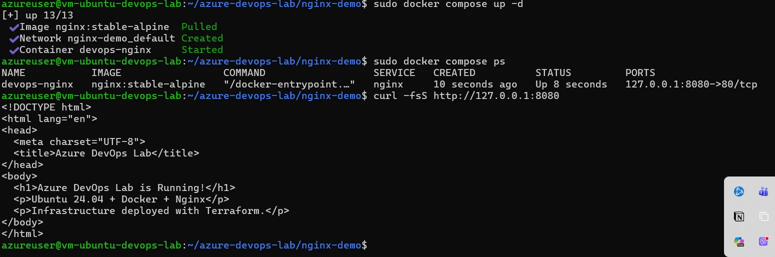 Actual Windows Terminal screenshot showing Nginx Docker Compose running and a successful curl HTTP response