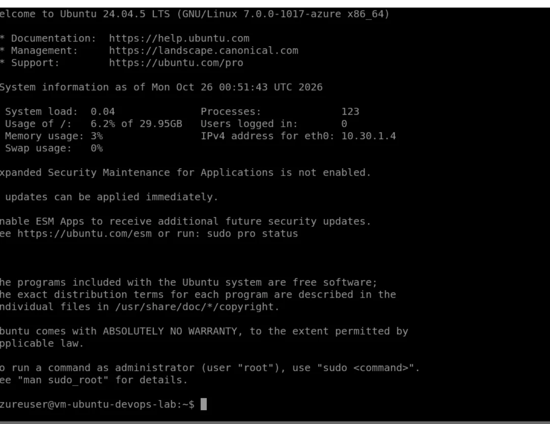 Actual Ubuntu 24.04.5 LTS terminal connected through Azure Bastion with VM system information