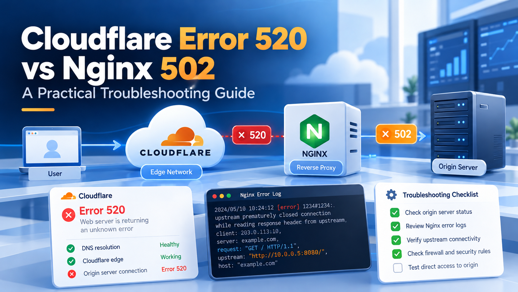 Cloudflare 520 versus Nginx 502 troubleshooting illustration with edge proxy, origin server and diagnostics