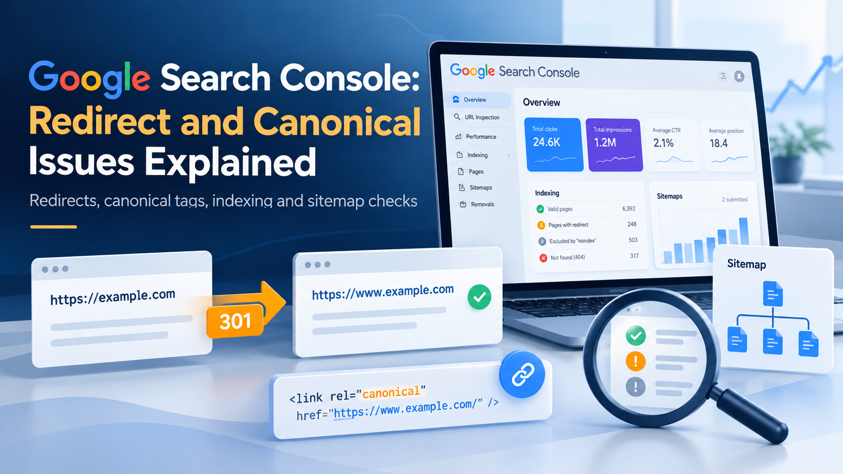 Google Search Console redirect and canonical troubleshooting illustration with indexing dashboard, HTTP 301 and sitemap